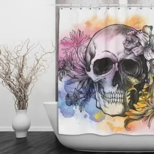 Black Sketch Watercolor Skull Shower Curtains and Optional Bath Mats