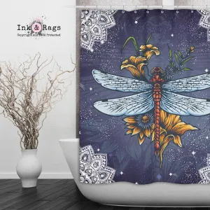 Dragonfly Mandala Bloom Shower Curtains and Optional Bath Mats